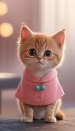 a small cat wearing a pink dress sitting on the ground