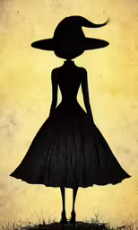 a girl wearing a dress and hat standing in front of an orange background