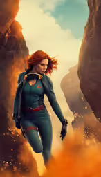 a woman with red hair wearing a suit and standing next to a mountain