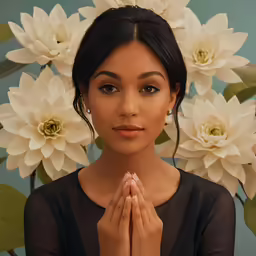 a woman with dark hair standing in front of flowers with hands folded