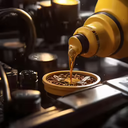 a bottle of olive oil being poured into a wooden tray