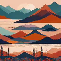 a large painting of a mountain range near a lake,mountains with orange, green and blue colors in the sky