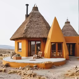 an outdoor hut with thatch roof and chairs