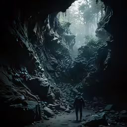 a man stands inside a cave filled with rocks