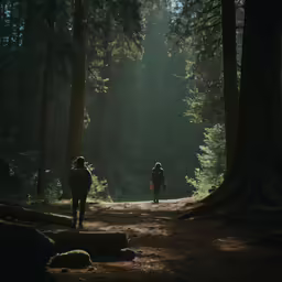 two people walking in the woods between tall trees
