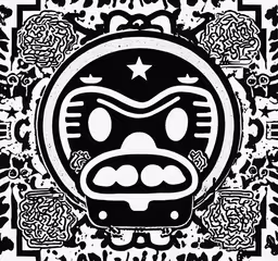 the black and white image shows a stylized mask with an ornate design in the center,a black and white image of an animal with stars on its head