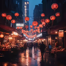 an alley with several stores and people walking