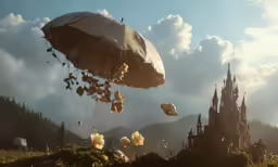 a parasol is flying in the air over an old castle