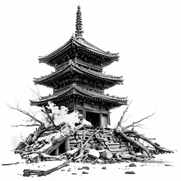 ink drawing of pagoda in winter with snow on ground