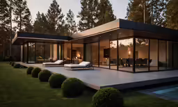 large glass walled home with covered patio and patio furniture at sunset