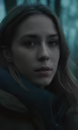 the woman is staring at something while in the woods