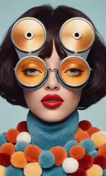 woman with big round mirror eyes holding pom - poms
