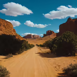 a dirt road leads to several mountains in the distance