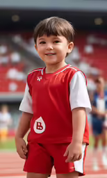 a child wearing red shorts and a red shirt standing next to a soccer field