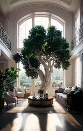 the inside of a living room with a very large tree