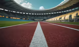 a stadium with a red and white track