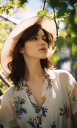 a woman wearing a white flowered shirt posing in a tree