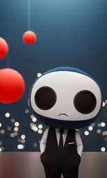 the character in a suit stands with a red balloon