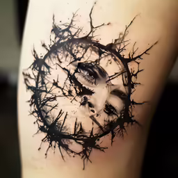 a woman is staring through a tree tattoo