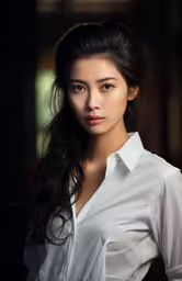 a woman standing in the dark posing for a photo,a woman is posing for a photo while wearing a white shirt