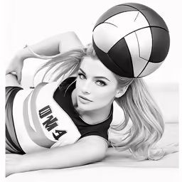 black and white photo of a lady laying down with a volleyball hat on her head
