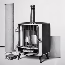 a toaster oven with a metal cage sitting on the floor next to it
