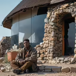 a man in brown coat sitting in front of stone building