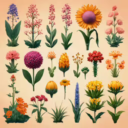 the different colored flowers are displayed on this table,some flowers are shown on a pink and beige background
