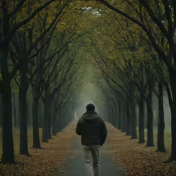 a man walks down a tree lined street as the sun shines brightly