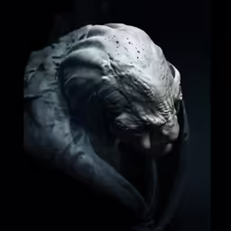 a demon with a white and black face on a black background