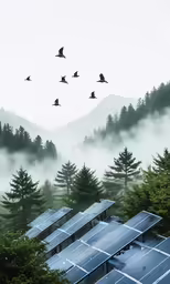 birds fly over solar panels near trees in front of mountains