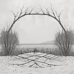 an archway to a snow covered landscape with a snowy field in the background