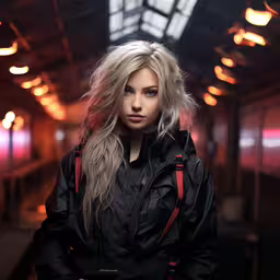 a woman with long blonde hair wearing a black coat,a woman with blonde hair and black jacket on