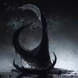 a black abstract sculpture, with water flowing through it