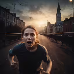 an shocked woman running in the city at sunset