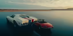 two cars that are in the water near each other