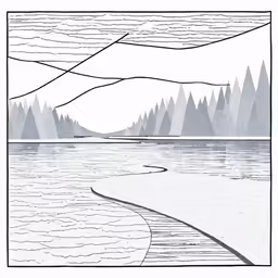 a drawing with a view of the mountains and trees