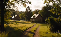 two small cabins that are on a hill near some trees