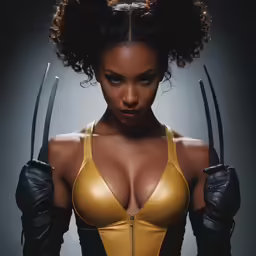a very sexy woman wearing gloves holding scissors