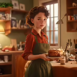 the girl in an apron is holding a cake