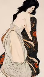 an oriental woman sitting on a patterned blanket