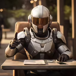 a man in a white and silver suit and helmet sits in a chair and points