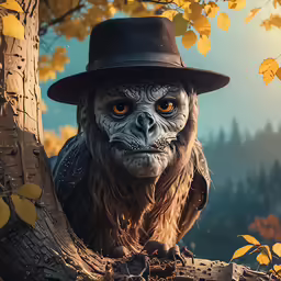 a big creepy animal with yellow eyes sits near the tree