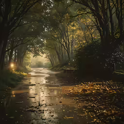 the street is wet from rain in a wooded area