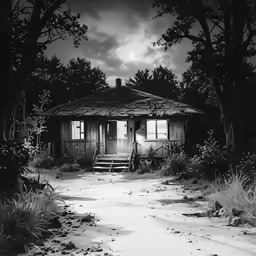 a black and white photo shows a path to an abandoned house with a small door