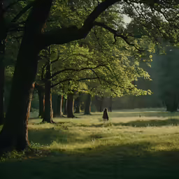a woman standing in the grass surrounded by trees