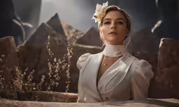 a woman with a white outfit stands near mountains