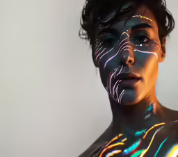 the portrait of a woman is glowing brightly and her hair is loose