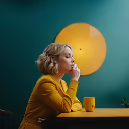 woman at desk in front of green wall with yellow balloon
