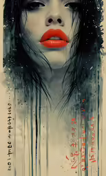 a drawing of a woman with red lips and long black hair